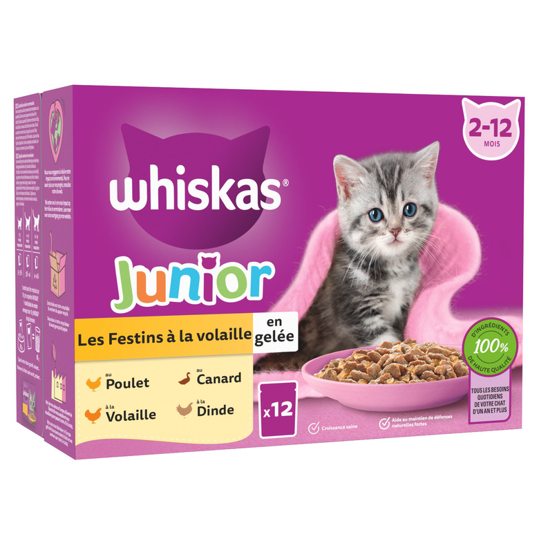 Whiskas - Sachets Fraicheur Festins à la Volaille en Gelée pour Chatons - 12x85g Image numéro 1 Whiskas - Sachets Fraicheur Festins à la Volaille en Gelée pour Chatons - 12x85g Image numéro 1