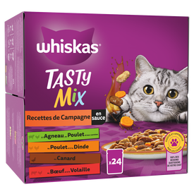 Whiskas - Tasty Mix Sachets Fraîcheur Recettes de Campagne en Sauce 4 Variétés pour Chats - 24x85g