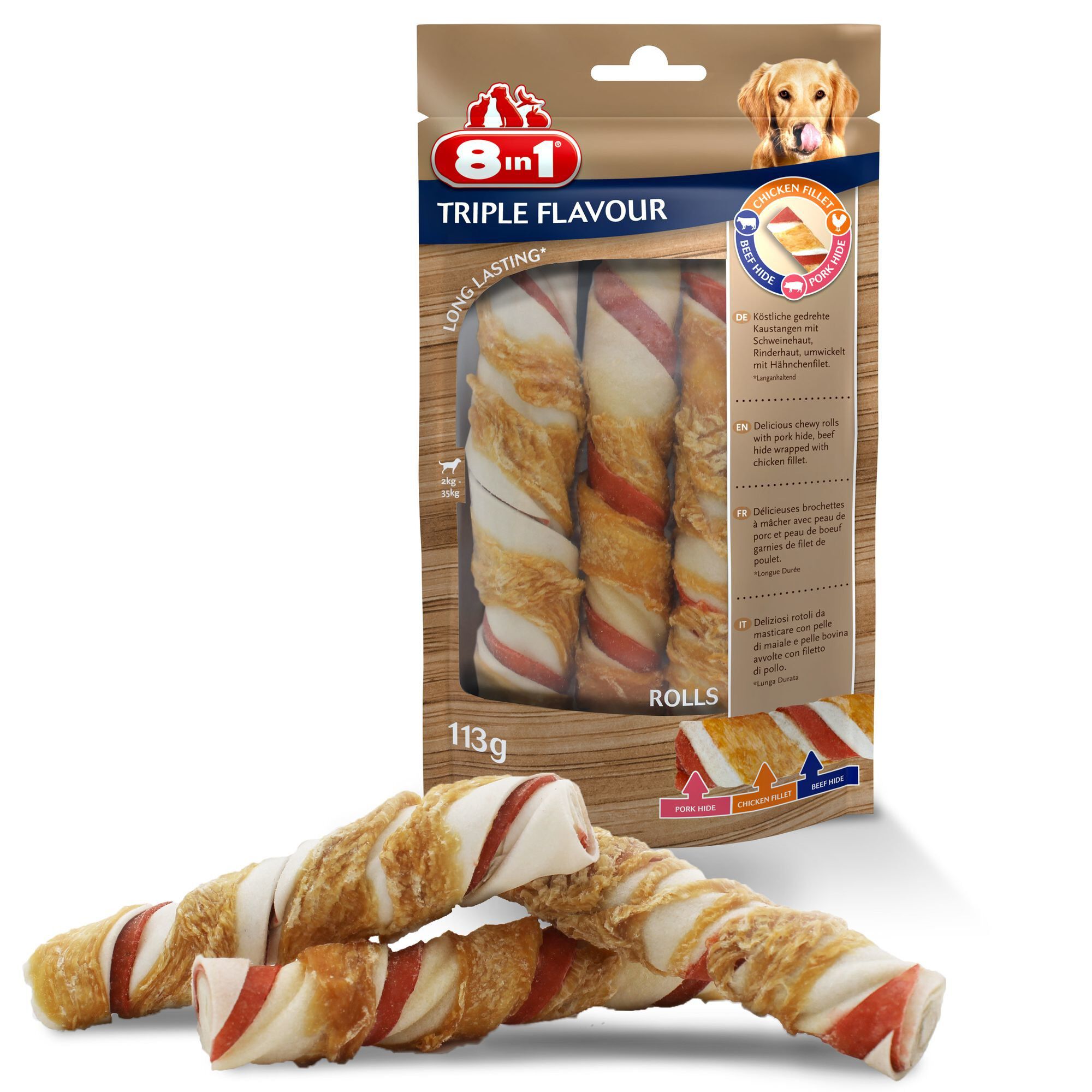 8in1 - Friandises Triple Flavour Rolls &agrave; M&acirc;cher pour Chien - x3 Image num&eacute;ro 1