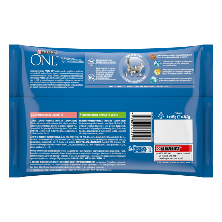 PURINA ONE - Sachets fraîcheurs Saumon et Dinde pour Chats Stérilisés - 4x85g Image numéro 2 PURINA ONE - Sachets fraîcheurs Saumon et Dinde pour Chats Stérilisés - 4x85g Image numéro 2