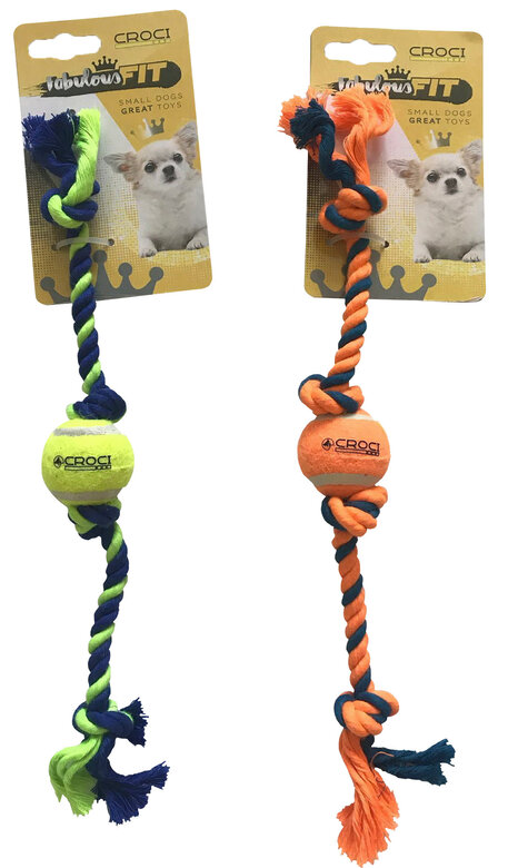 Croci - Jouet Balle Tennis et Corde Caoutchouc Orange/Bleu pour Chiens - 16cm Image numéro 1 Croci - Jouet Balle Tennis et Corde Caoutchouc Orange/Bleu pour Chiens - 16cm Image numéro 1