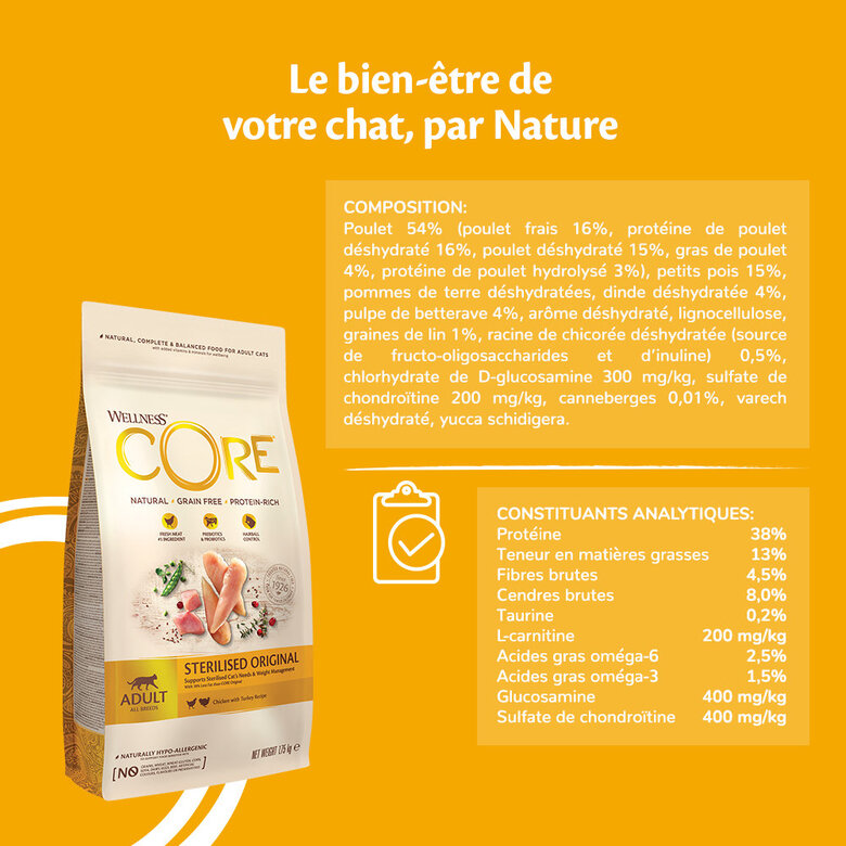 Wellness CORE - Croquettes Sterilised Poulet et Dinde pour Chat - 1,75Kg Image numéro 3 Wellness CORE - Croquettes Sterilised Poulet et Dinde pour Chat - 1,75Kg Image numéro 3