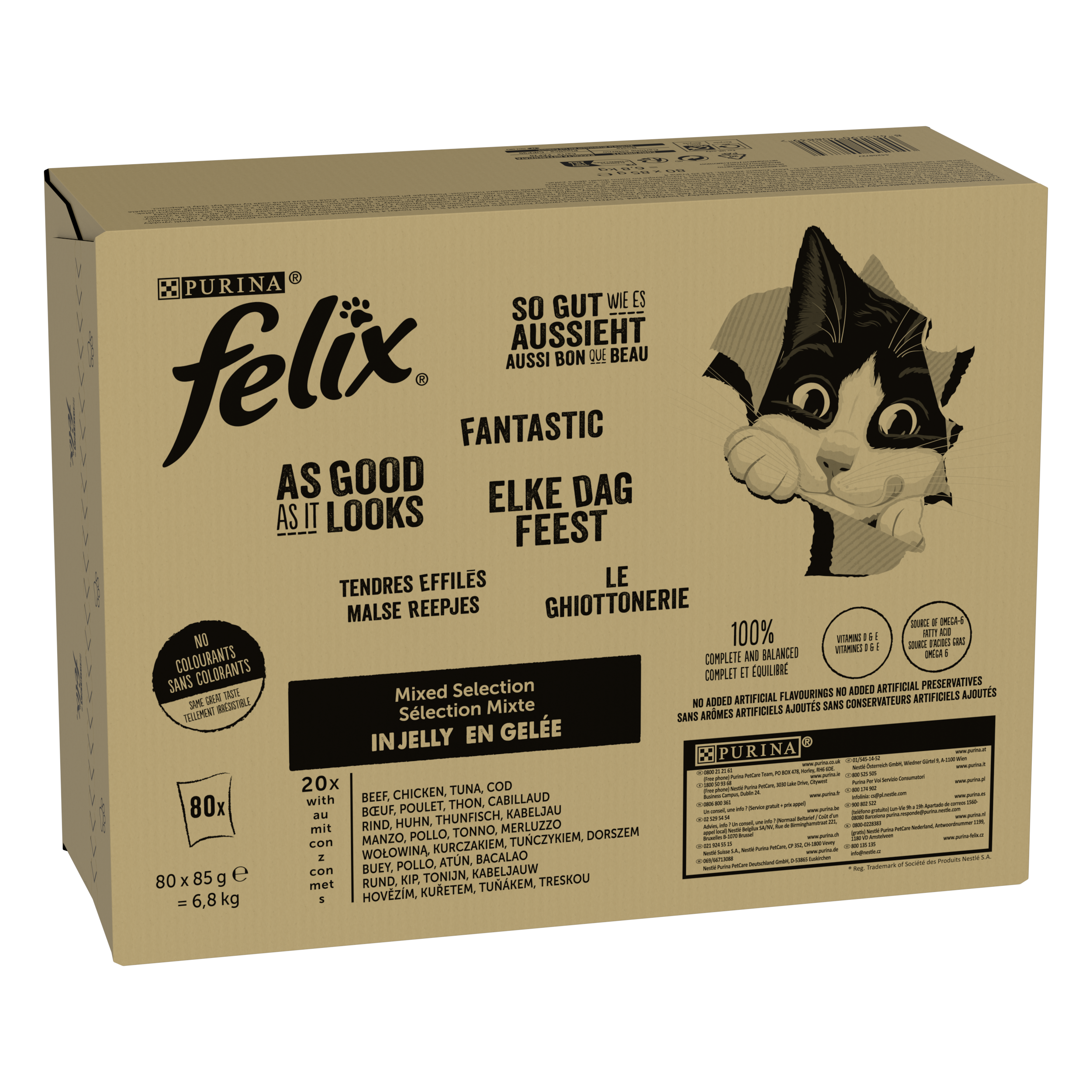Felix - Tendres Effil&eacute;s en Gel&eacute;e S&eacute;lection Mixte B&oelig;uf Poulet Cabillaud Thon pour Chats - 80x85g Image num&eacute;ro 2