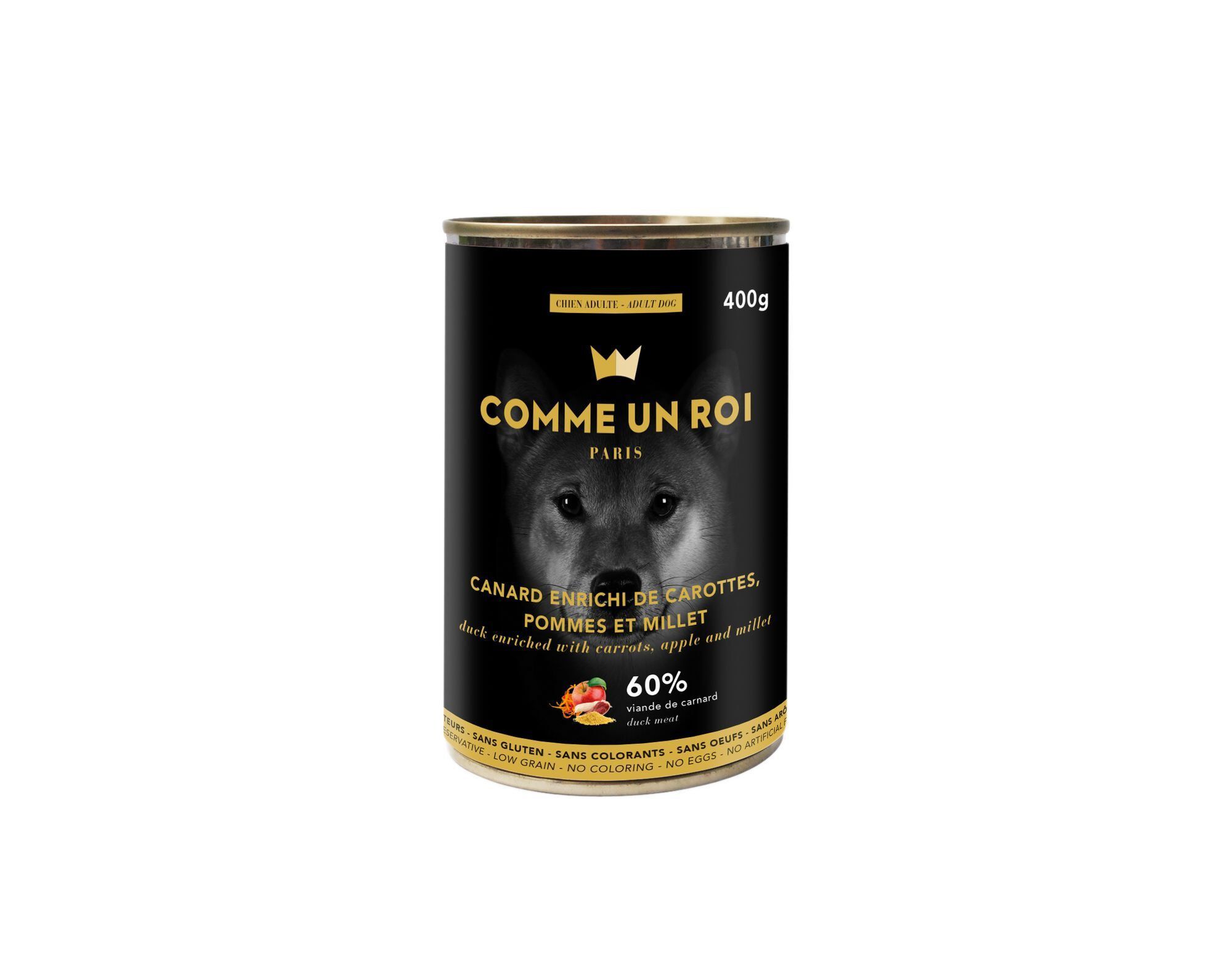 Comme Un Roi - P&acirc;t&eacute;e au Canard Enrichi de Carottes Pommes et Millet pour Chien - 400g Image num&eacute;ro 1