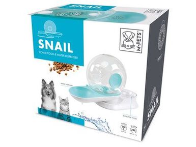 M-PETS SNAIL Distributeur croquettes + eau (filtre) - 2,8l + 240 g - Blanc, Bleu & Transparent