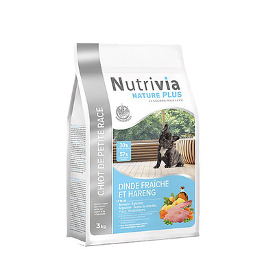 Nutrivia Nature Plus - Croquettes Naturelles à la Dinde et au Hareng Frais pour Chiot de Petite Race - 3Kg