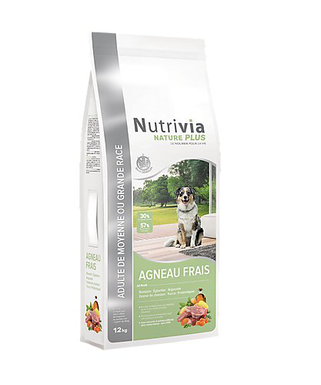 Nutrivia Nature Plus - Croquettes Naturelles à l'Agneau Frais pour Chien Adulte de Moyenne et Grande Race - 12Kg