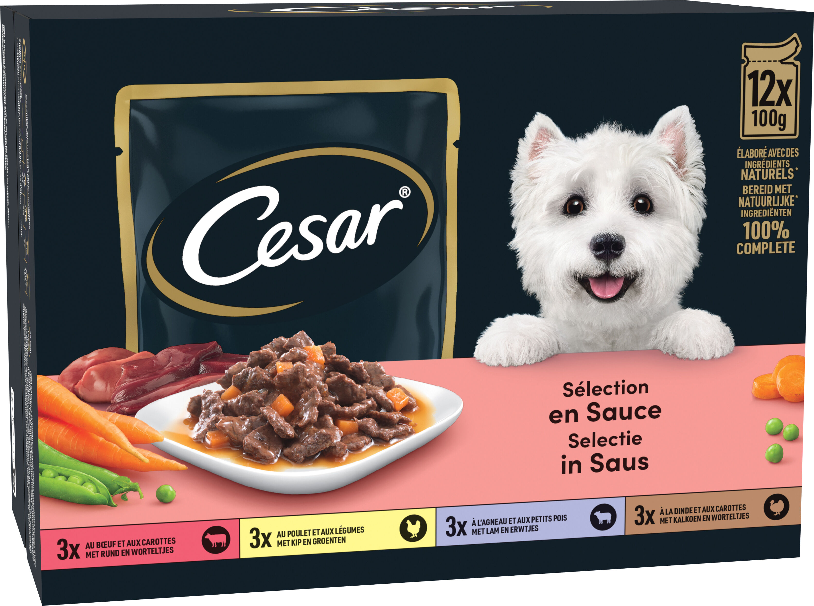 Cesar - P&acirc;t&eacute;e en Sauce 4 Vari&eacute;t&eacute;es Viandes et L&eacute;gumes pour Chiens - 12x100g Image num&eacute;ro 1