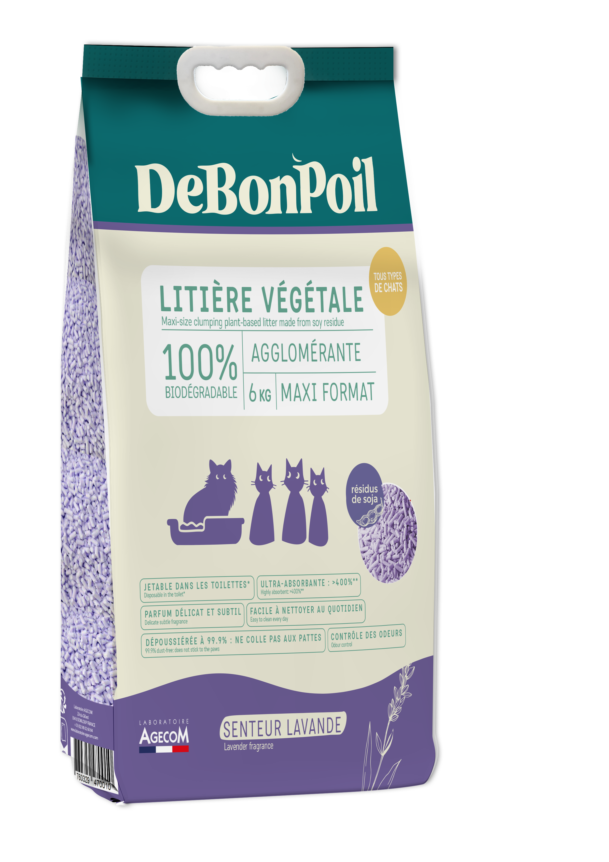 DeBonPoil - Liti&egrave;re V&eacute;g&eacute;tale Agglom&eacute;rante &agrave; la Lavande pour Chat - 6Kg Image num&eacute;ro 1