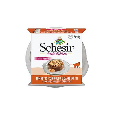 Schesir - Paté en Mousse Petit Délice au Poulet thon et Crevettes pour Chat - 80g
