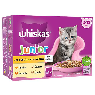 Whiskas - Sachets Fraicheur Festins à la Volaille en Gelée pour Chatons - 12x85g