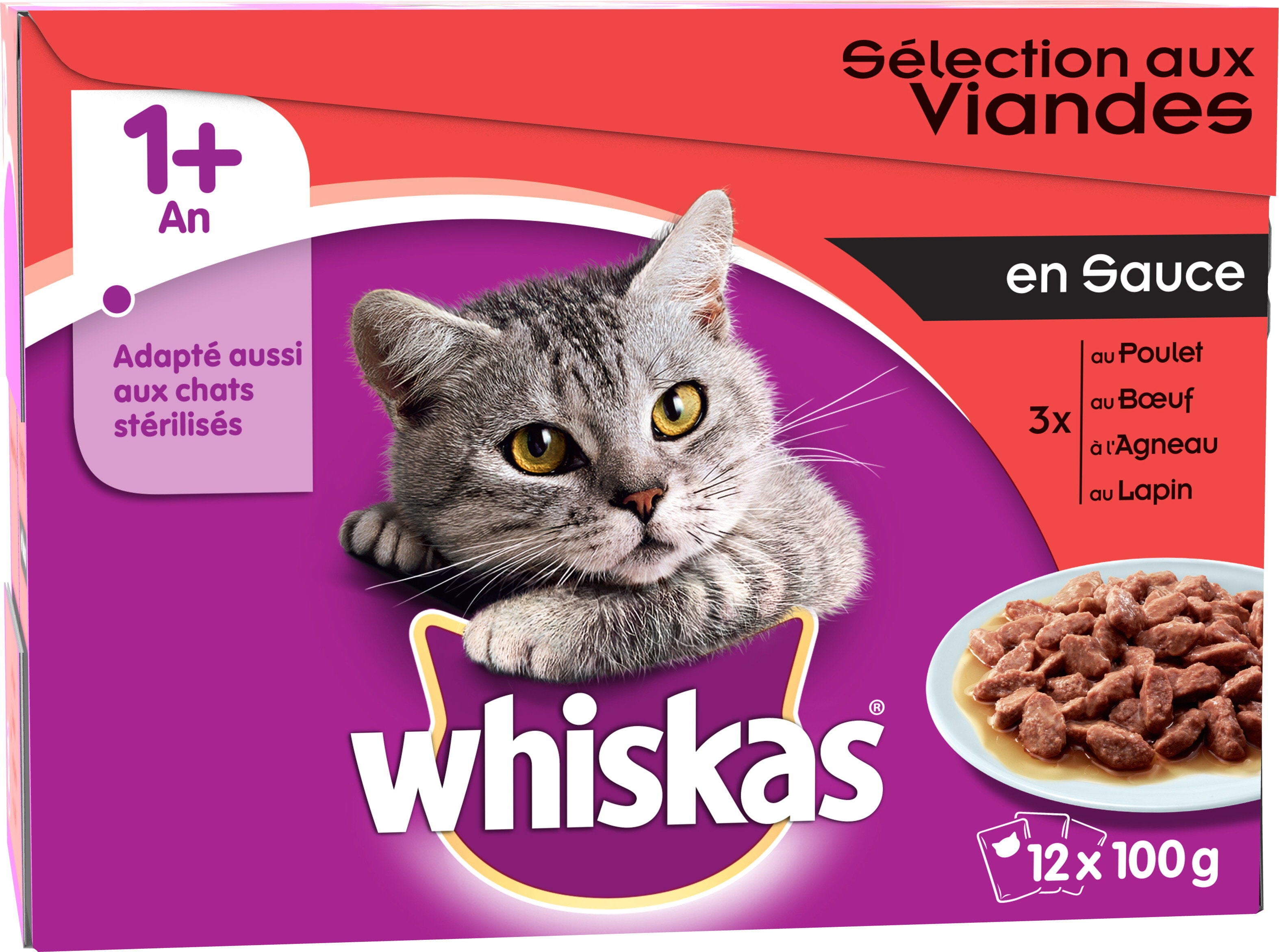 Whiskas - Repas en Sauce 1+ S&eacute;lection aux Viandes pour Chat - 12x100g Image num&eacute;ro 1