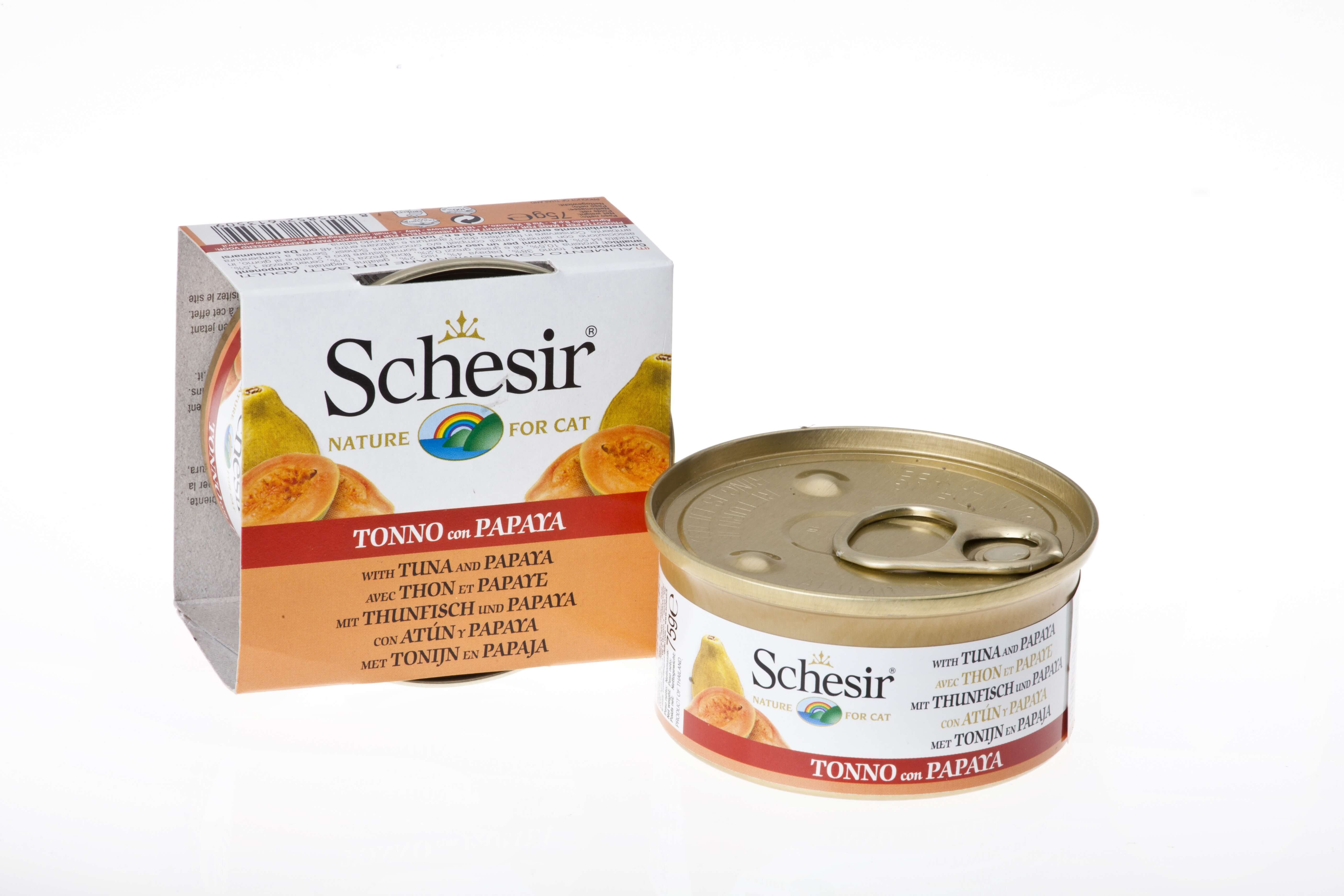 Schesir - Bo&icirc;te P&acirc;t&eacute;e au Thon et Papaye avec morceaux de Fruits pour Chat - 75g Image num&eacute;ro 1