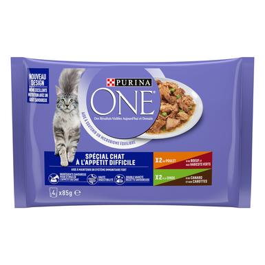 PURINA ONE - Sachets Fraîcheurs Chat difficile en Sauce Bœuf Volaille Légumes pour Chats - 4X85g