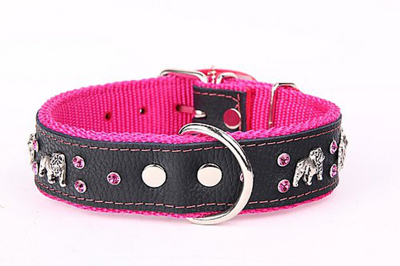 Yogipet - Collier Bulldog Cuir Crystal pour Chien - Noir/Rose image number null