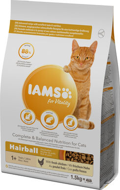 Iams - Croquettes pour Vitalité Boules de Poils Au poulet frais Pour Chat Adulte