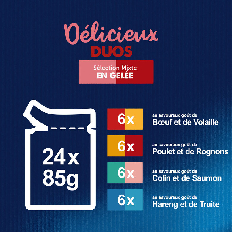 FELIX - Sachets fraîcheurs Délicieux Duos en Gelée Mixte Boeuf poulet Poisson pour Chats- 24x85g Image numéro 9 FELIX - Sachets fraîcheurs Délicieux Duos en Gelée Mixte Boeuf poulet Poisson pour Chats- 24x85g Image numéro 9