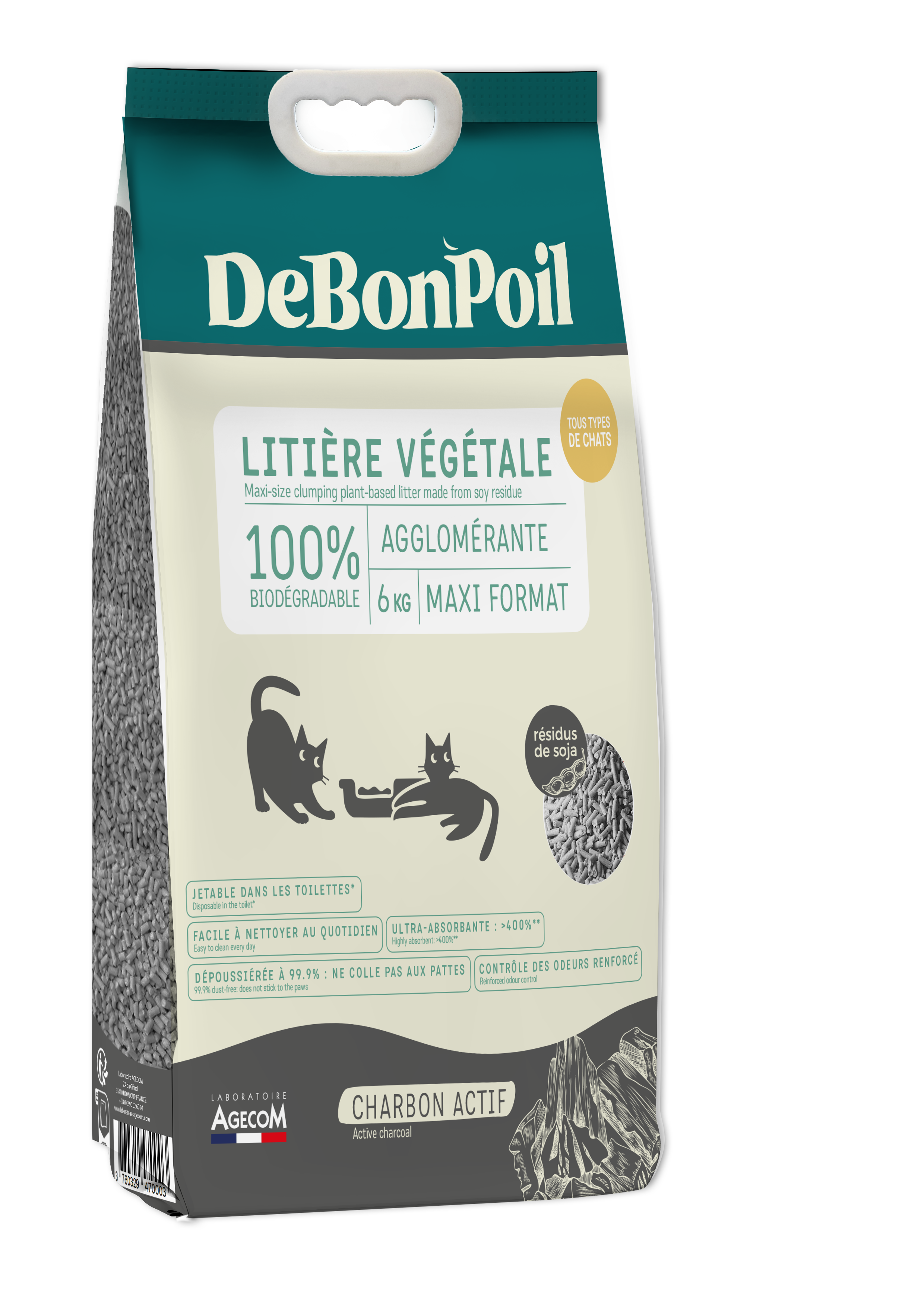 DeBonPoil - Liti&egrave;re V&eacute;g&eacute;tale Agglom&eacute;rante au Charbon pour Chat - 6Kg Image num&eacute;ro 1
