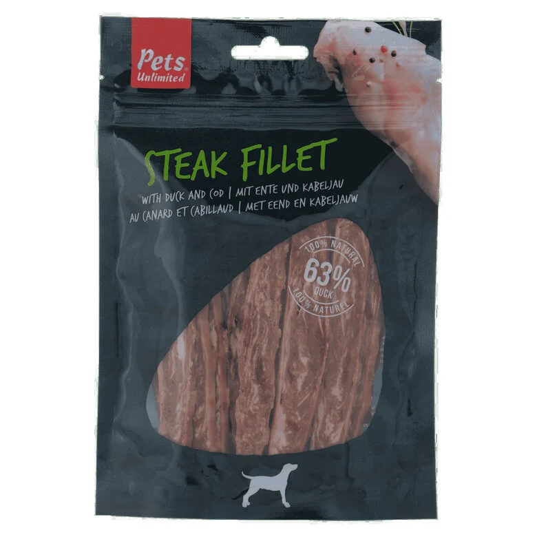 Pets Unlimited - Friandises Steak Fillet au Canard et Cabillaud pour Chien - 100g Image numéro 1 Pets Unlimited - Friandises Steak Fillet au Canard et Cabillaud pour Chien - 100g Image numéro 1