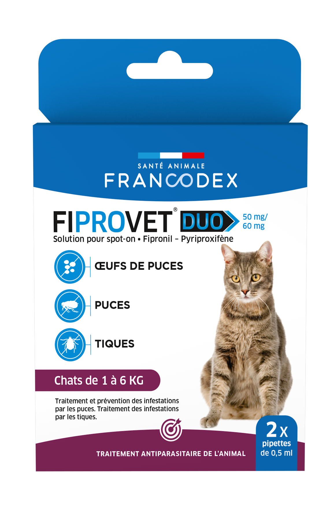 Francodex - Traitement Spot-On Fiprovet Duo pour Chat - 2x0,5ml Image num&eacute;ro 1