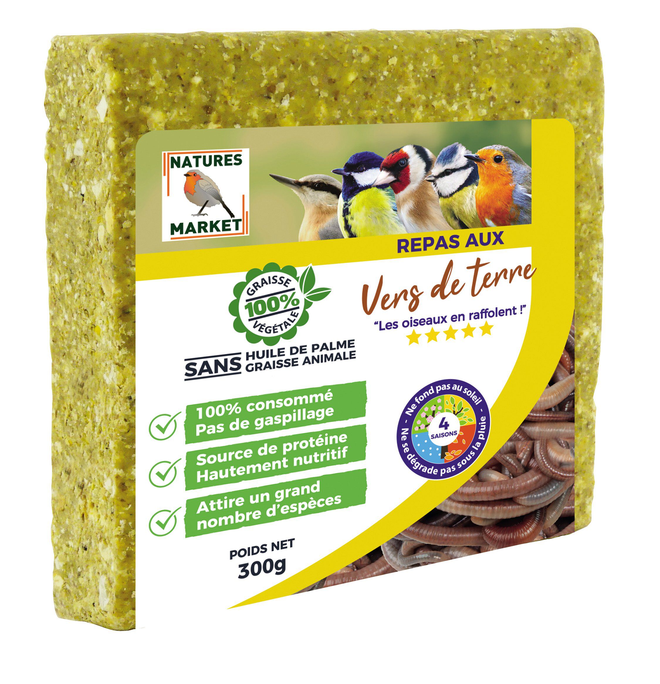 Natures Market - Graisse V&eacute;g&eacute;tale aux Vers de Terre pour Oiseaux des Jardins - 300g Image num&eacute;ro 1