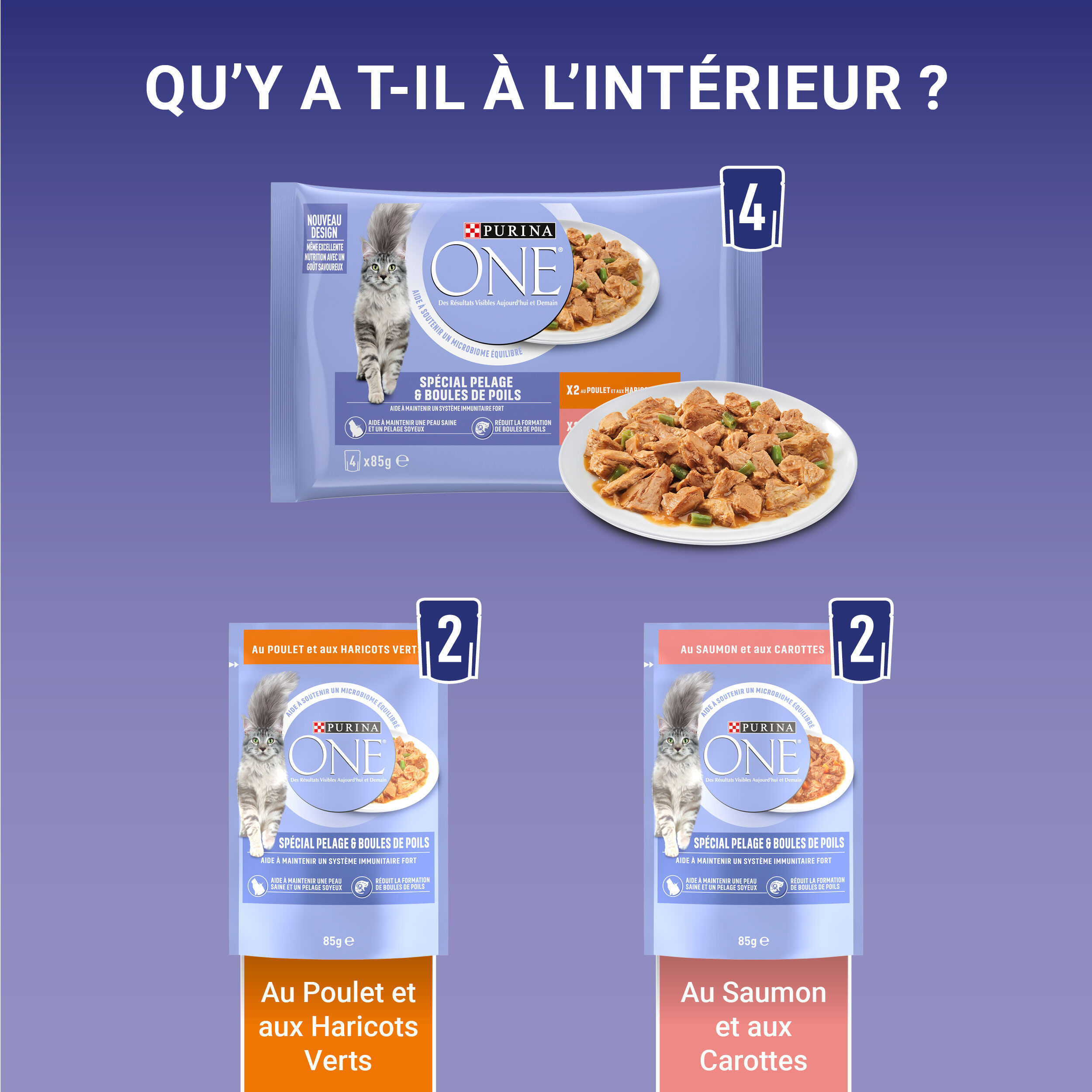 PURINA ONE - Sachets fra&icirc;cheurs Pelage Boules de Poils Saumon et Poulet pour Chats - 4x85g Image num&eacute;ro 4