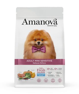 Amanova - Croquettes Adult Mini Sensitive sans Céréales au Saumon pour Chiens - 7Kg