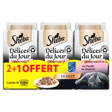 Sheba - Sachets fraîcheur Délices en sauce 2 variétés pour Chats - 3x6x50g 2+1 Offert