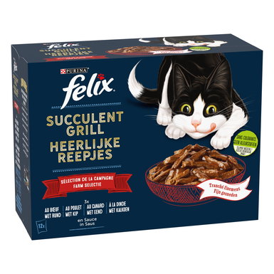 FELIX -  Pochons Succulent Grill Selection de la Campagne à la Viande en Sauce pour chats adultes  - 12X80g