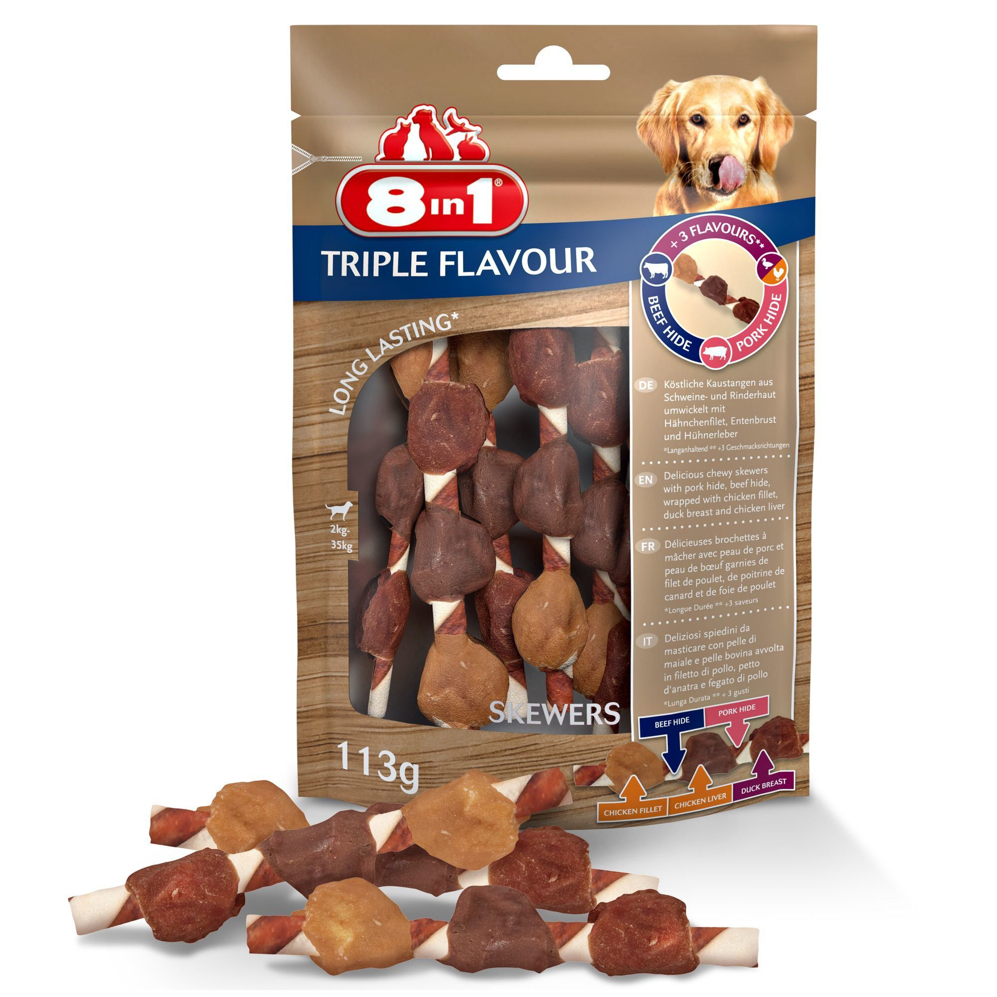 8in1 -Friandises Brochettes &agrave; M&acirc;cher Triple Flavour Skewers pour Chien - x6 Image num&eacute;ro 1