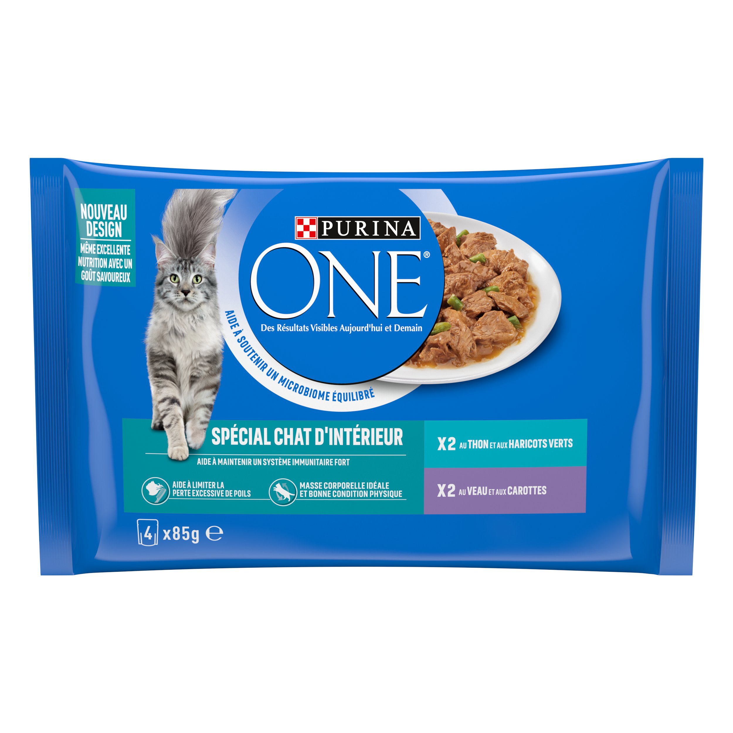 PURINA ONE - Sachets fra&icirc;cheurs Thon et Veau pour Chats d'int&eacute;rieur - 4x85g Image num&eacute;ro 1