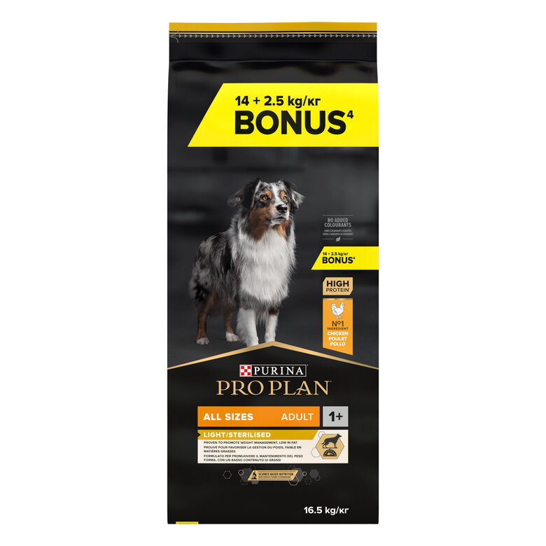 Pro Plan - Croquettes All Size Light Sterilised Poulet pour Chien - 14Kg + 2,5Kg Gratuits Image numéro 1 Pro Plan - Croquettes All Size Light Sterilised Poulet pour Chien - 14Kg + 2,5Kg Gratuits Image numéro 1