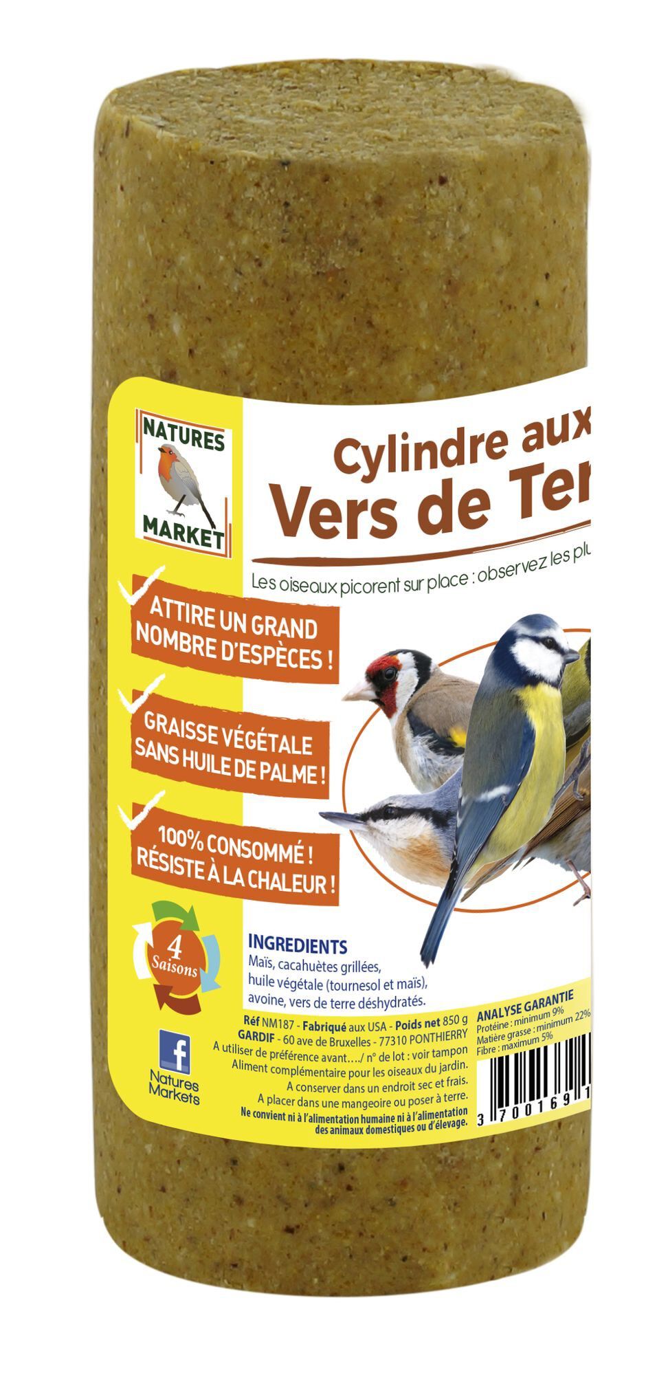Natures Markets - Cylindre Graisse V&eacute;g&eacute;tale aux Vers de Terre pour Oiseaux du Ciel - 850g Image num&eacute;ro 1