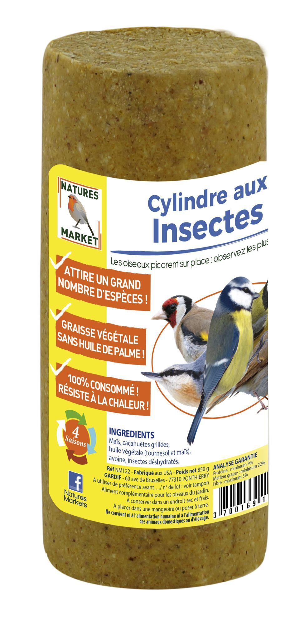 Natures Markets - Cylindre Graisse V&eacute;g&eacute;tale aux Insectes pour Oiseaux du Ciel - 850g Image num&eacute;ro 1