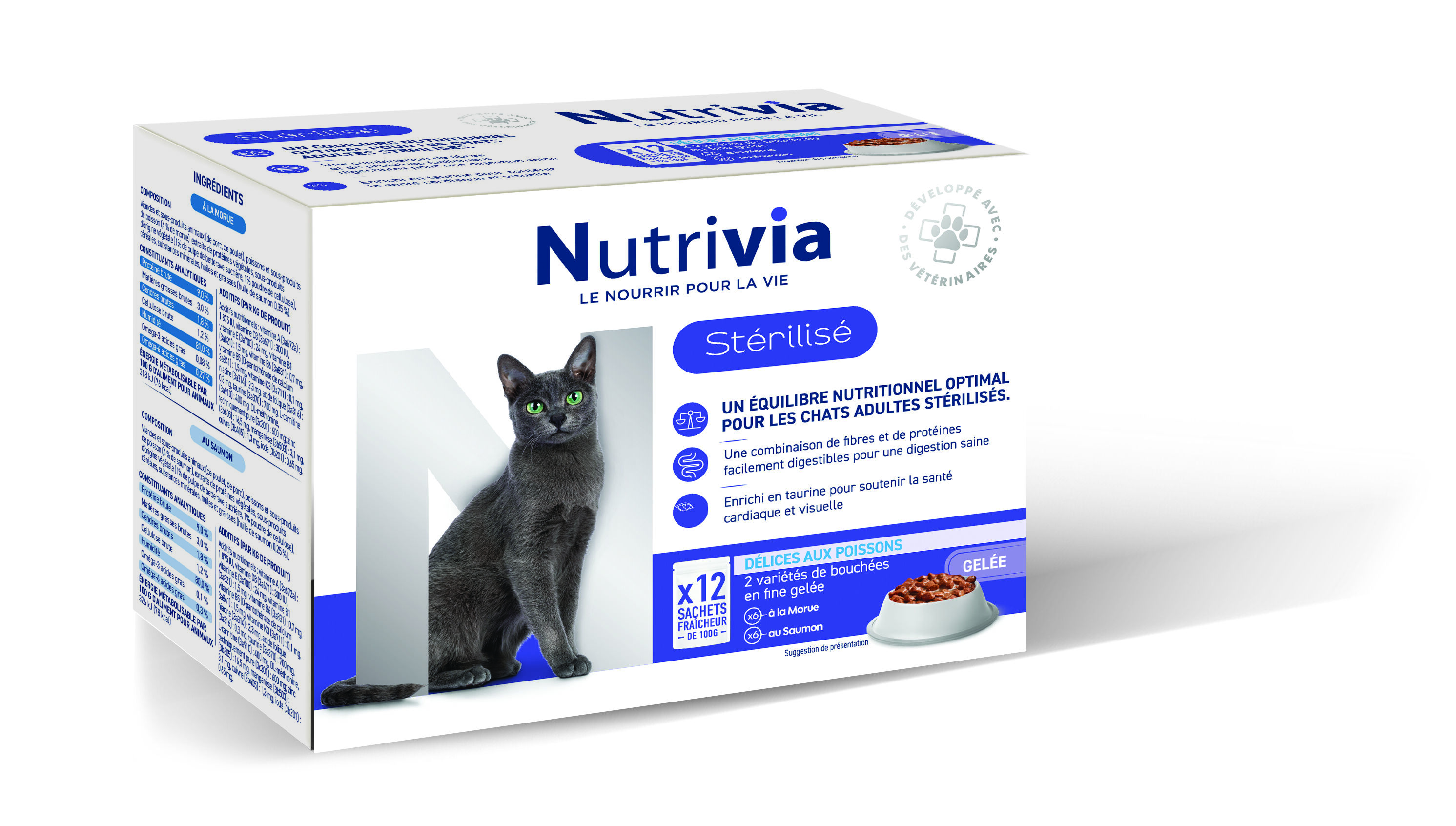 Nutrivia - Sachets en Gel&eacute;e au Poisson pour Chats Adultes St&eacute;rilis&eacute;s - 12x100g Image num&eacute;ro 1