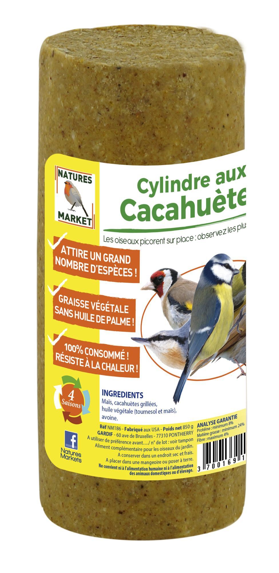 Natures Markets - Cylindre Graisse V&eacute;g&eacute;tale aux Cacahu&egrave;tes pour Oiseaux du Ciel - 850g Image num&eacute;ro 1