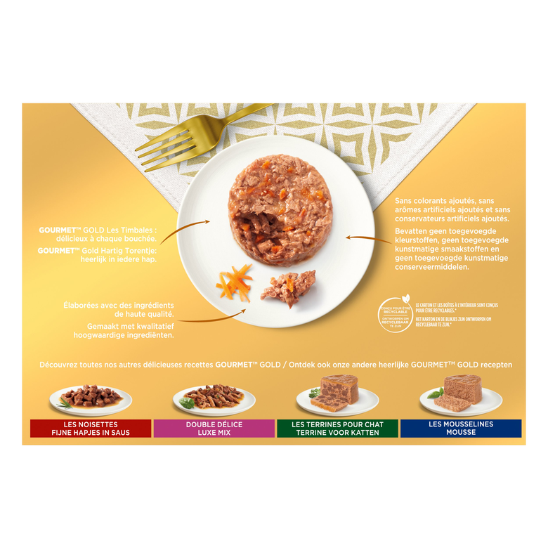 GOURMET - Boîtes GOLD Les Timbales Multi Variétés aux Légumes pour Chats - 12x85g Image numéro 2 GOURMET - Boîtes GOLD Les Timbales Multi Variétés aux Légumes pour Chats - 12x85g Image numéro 2