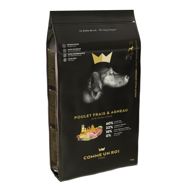 Comme Un Roi - Croquettes Adulte au Poulet frais et Agneau pour Chien de Moyenne Taille - 11kg Image numéro 1 Comme Un Roi - Croquettes Adulte au Poulet frais et Agneau pour Chien de Moyenne Taille - 11kg Image numéro 1