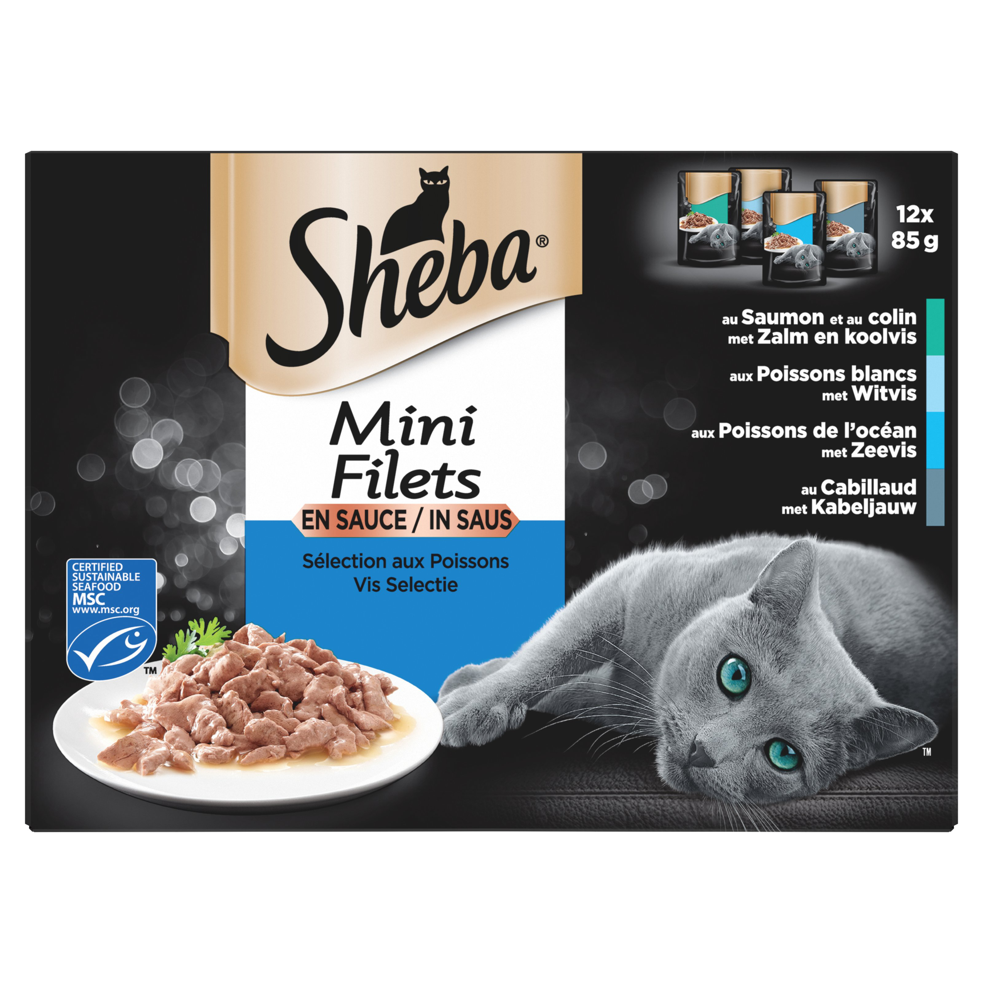 Sheba - Mini Filets Sachets en Sauce Fra&icirc;cheur S&eacute;lection aux Poissons pour Chats - 12x85g Image num&eacute;ro 1