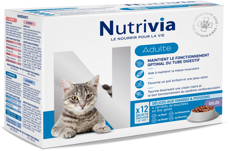Nutrivia - Sachets en Gelée à la Viande et au Poisson pour Chats Adultes - 12x100g Image numéro 1 Nutrivia - Sachets en Gelée à la Viande et au Poisson pour Chats Adultes - 12x100g Image numéro 1