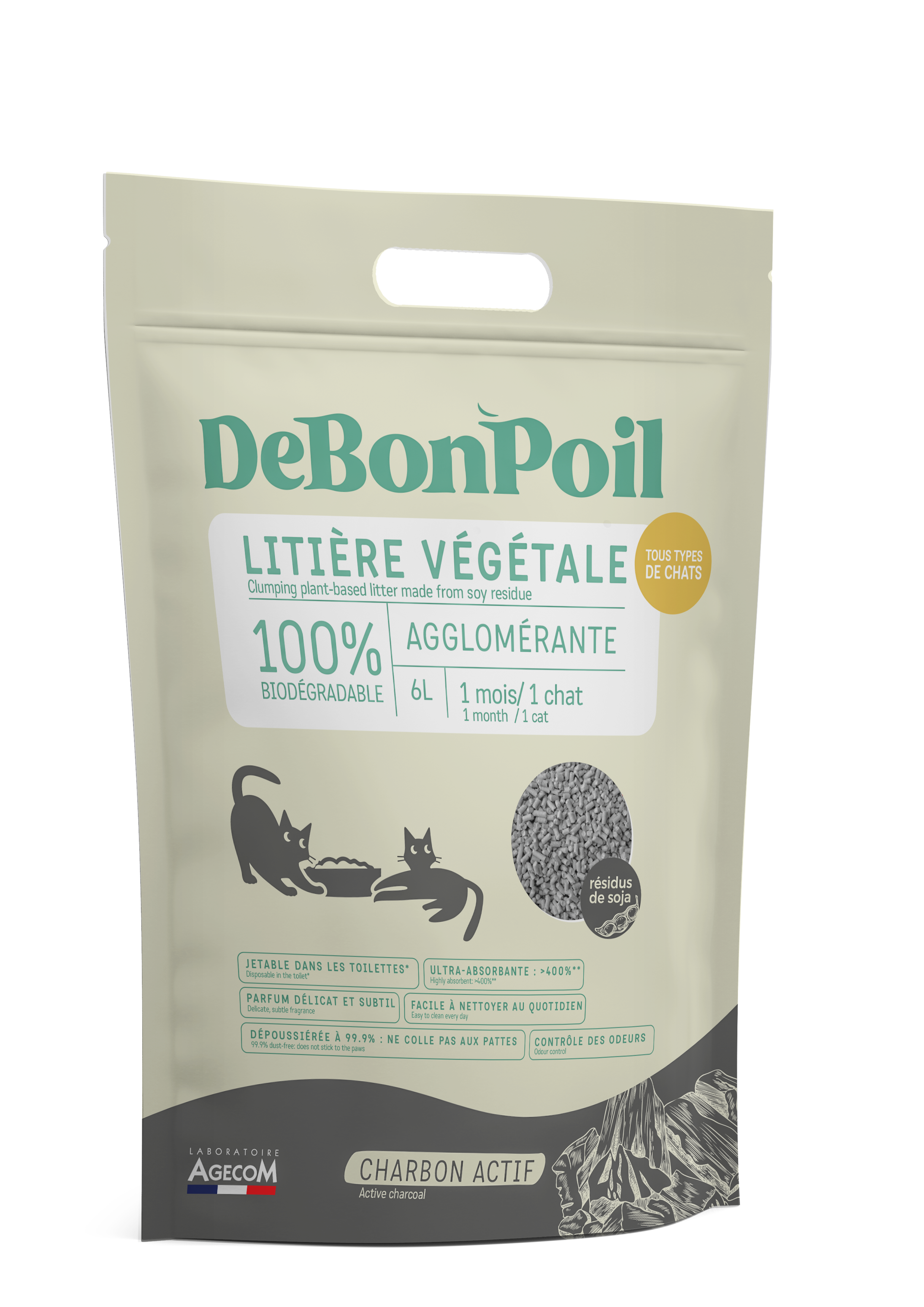 DeBonPoil  - Liti&egrave;re V&eacute;g&eacute;tale Agglom&eacute;rante Charbon pour Chat - 2.8Kg Image num&eacute;ro 1