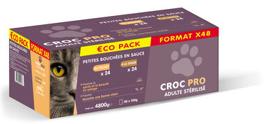 Croc Pro - Multipack Bouchées en Sauce Poulet et Dinde pour Chats Adultes Stérilisés - 48x100g