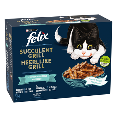 FELIX - Pochons Succulent Grill Selection de Poissons en Sauce pour chats adultes - 12X80g