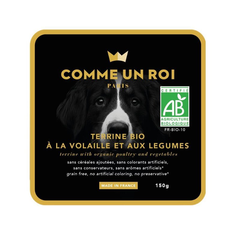 Comme Un Roi - Terrine Bio à la Volaille et aux Légumes pour Chien - 150g Image numéro 1 Comme Un Roi - Terrine Bio à la Volaille et aux Légumes pour Chien - 150g Image numéro 1