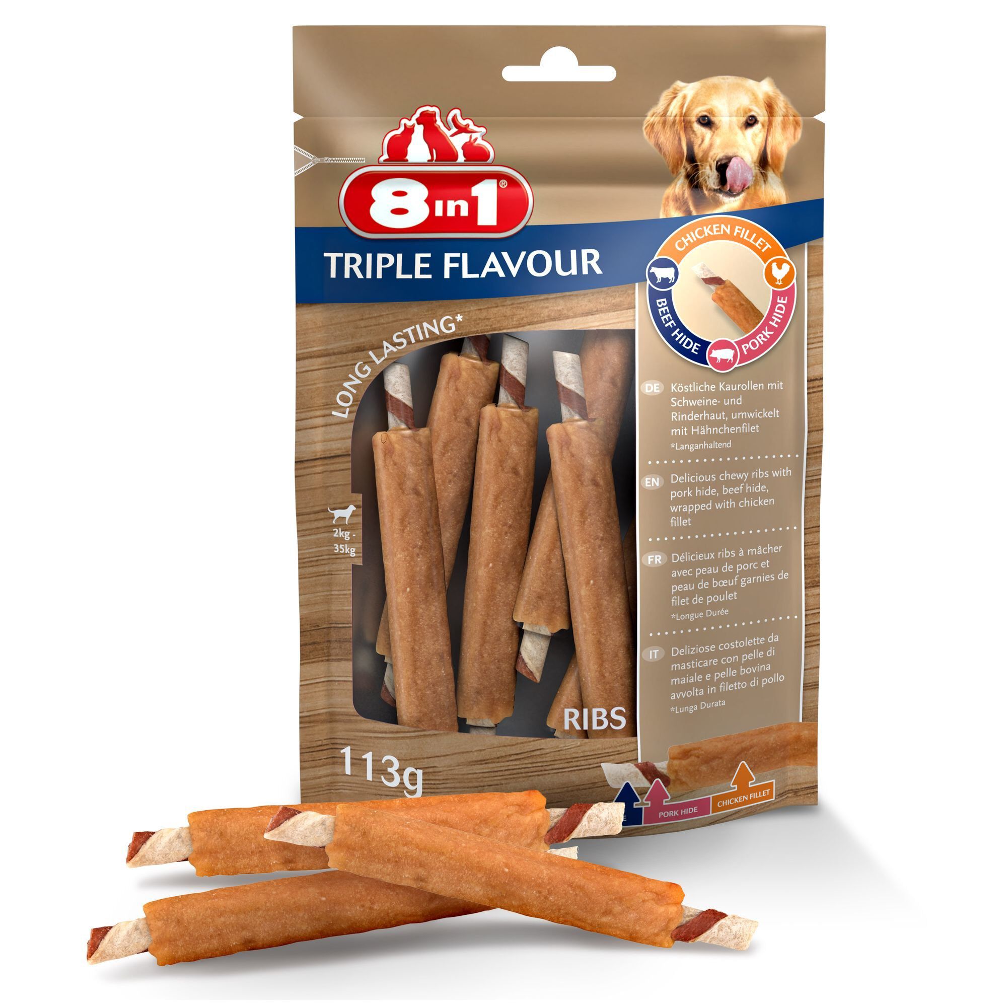 8in1 -Friandises Triple Flavour Ribs Travers &agrave; M&acirc;cher pour Chien - x6 Image num&eacute;ro 1