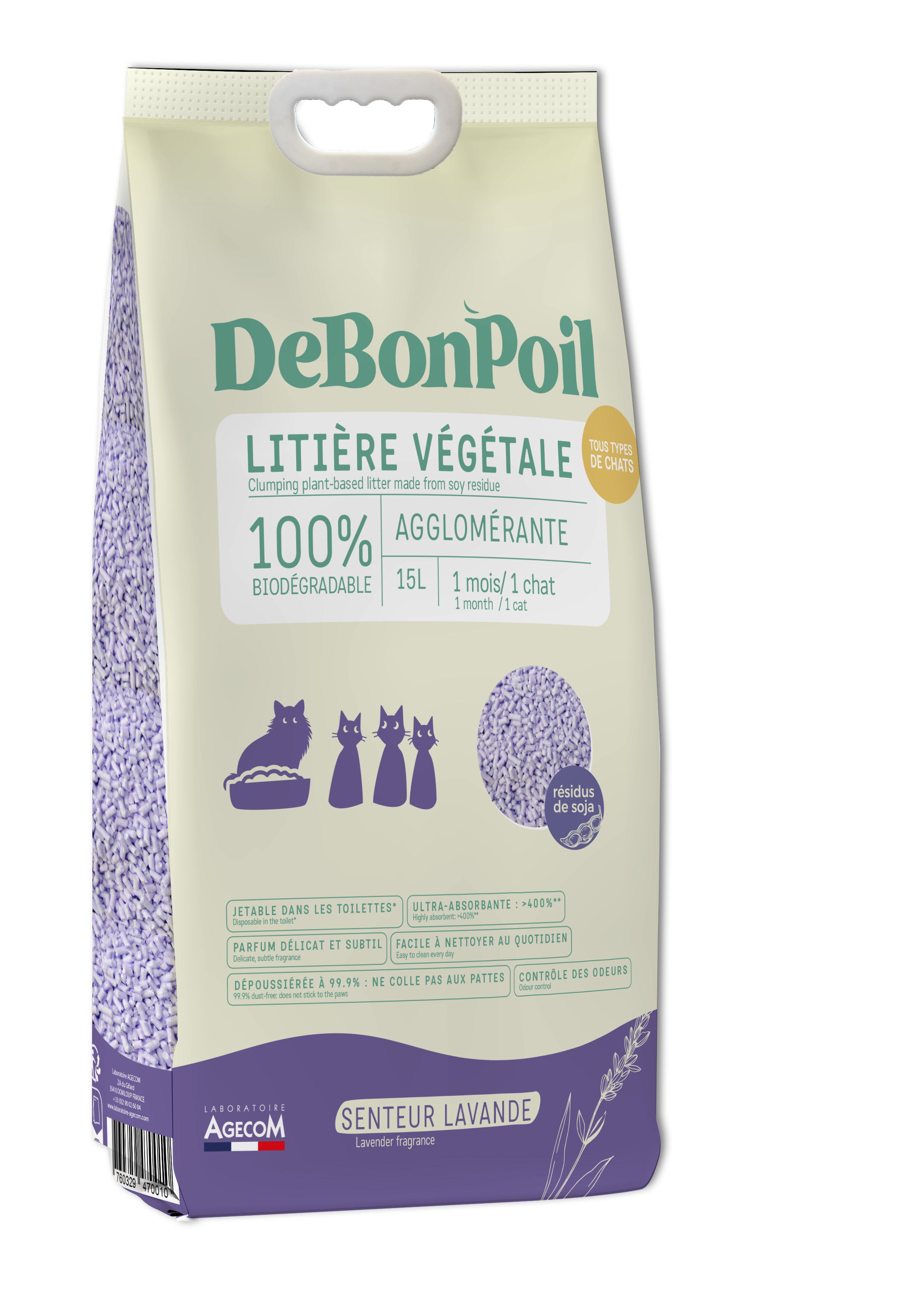 DeBonPoil - Liti&egrave;re V&eacute;g&eacute;tale Agglom&eacute;rante &agrave; la Lavande pour Chat - 15L Image num&eacute;ro 1