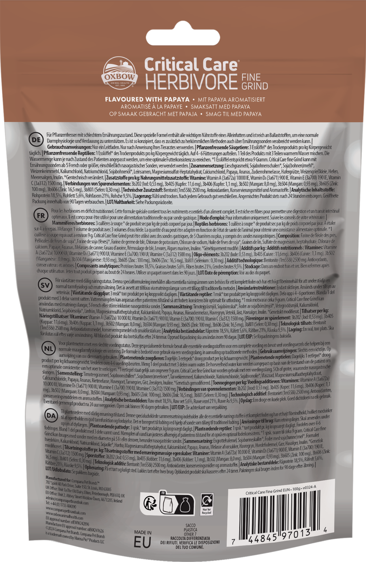 Oxbow - Aliment en Poudre Critical Care Papaye pour Rongeurs Reptiles Herbivores - 100g Image num&eacute;ro 2