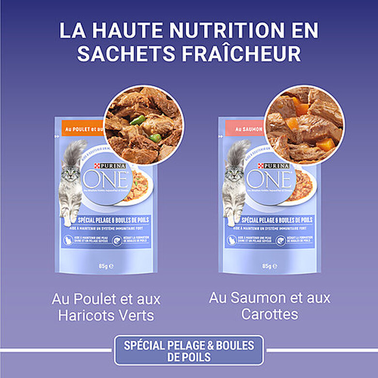 PURINA ONE - Sachets fraîcheurs Pelage Boules de Poils Saumon et Poulet pour Chats - 4x85g Image numéro 7 PURINA ONE - Sachets fraîcheurs Pelage Boules de Poils Saumon et Poulet pour Chats - 4x85g Image numéro 7
