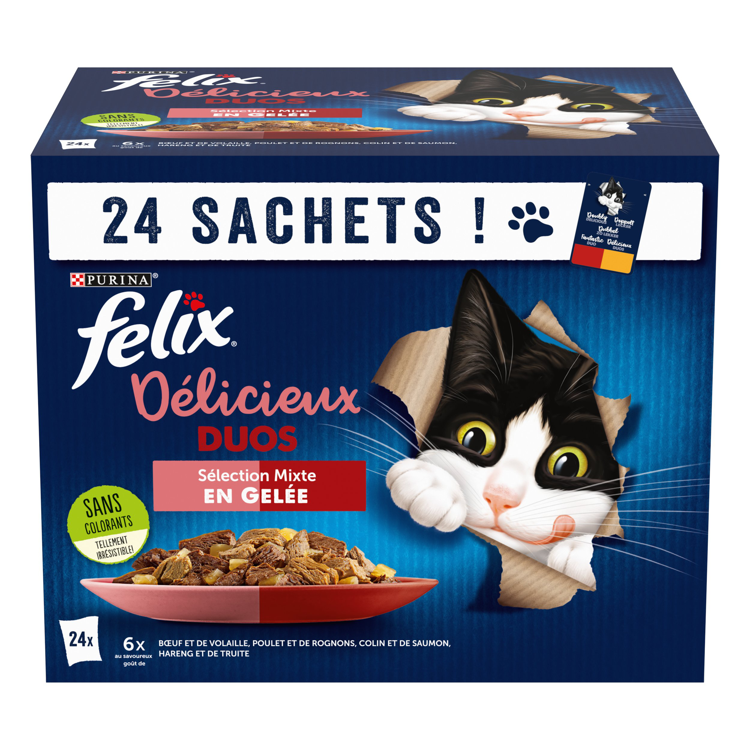FELIX - Sachets fra&icirc;cheurs D&eacute;licieux Duos en Gel&eacute;e Mixte Boeuf poulet Poisson pour Chats- 24x85g Image num&eacute;ro 1