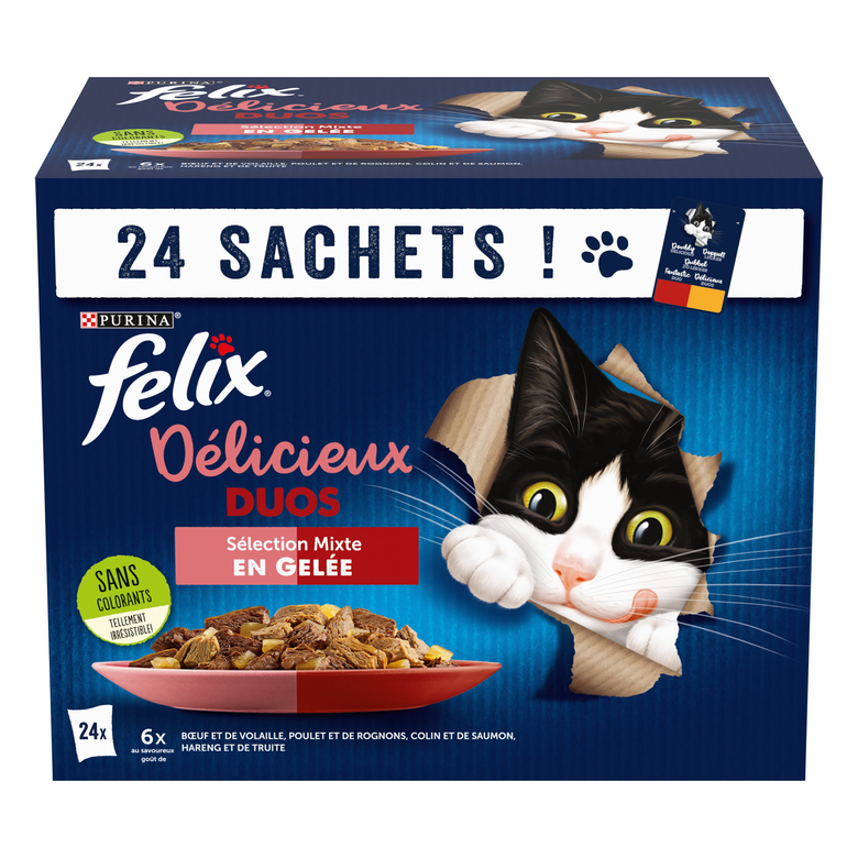 FELIX - Sachets fraîcheurs Délicieux Duos en Gelée Mixte Boeuf poulet Poisson pour Chats- 24x85g Image numéro 1 FELIX - Sachets fraîcheurs Délicieux Duos en Gelée Mixte Boeuf poulet Poisson pour Chats- 24x85g Image numéro 1